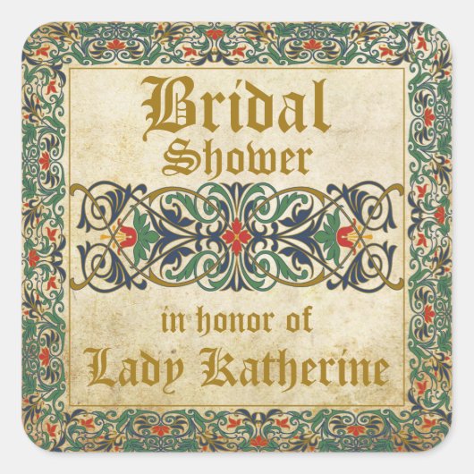中世原稿ゴシックブライダルシャワーラベル スクエアシール (正面)