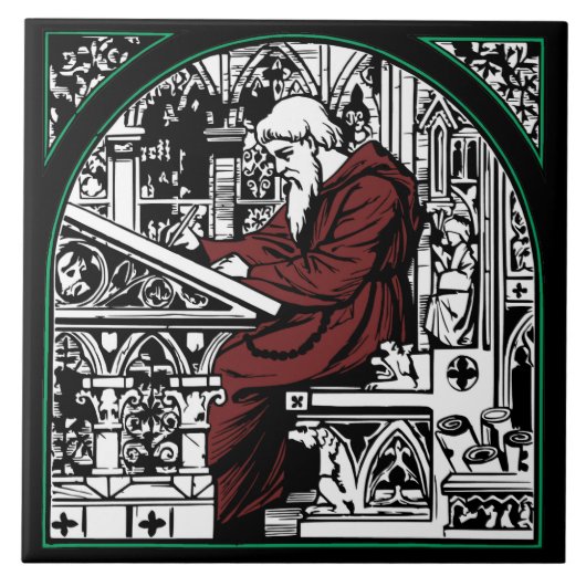 中世書の机と僧 タイル (正面)