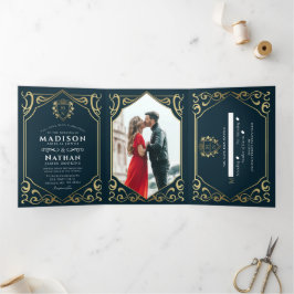 中世王室のファンタジーモノグラム結婚式招待状 三つ折り招待状