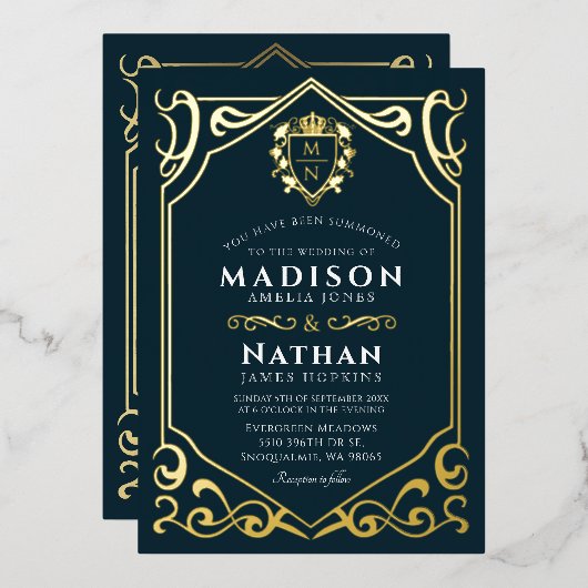 中世王室のファンタジーモノグ結婚ラム 箔招待状 (正面/裏面)