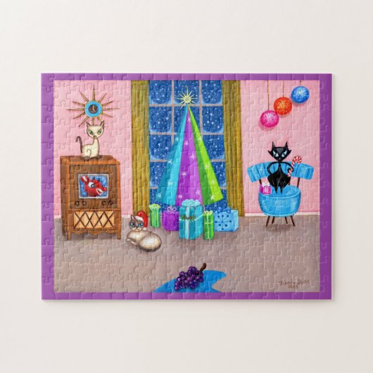 中世紀のモダンクリスマス原爆の時代の猫テレビ ジグソーパズル (横)