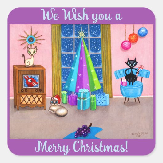 中世紀のモダンクリスマス原爆の時代の猫テレビ スクエアシール (正面)