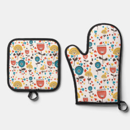中世紀の花モダンカラフル柄 鍋つかみ&鍋敷きセット