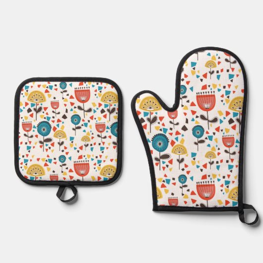 中世紀の花モダンカラフル柄 鍋つかみ&鍋敷きセット (正面)