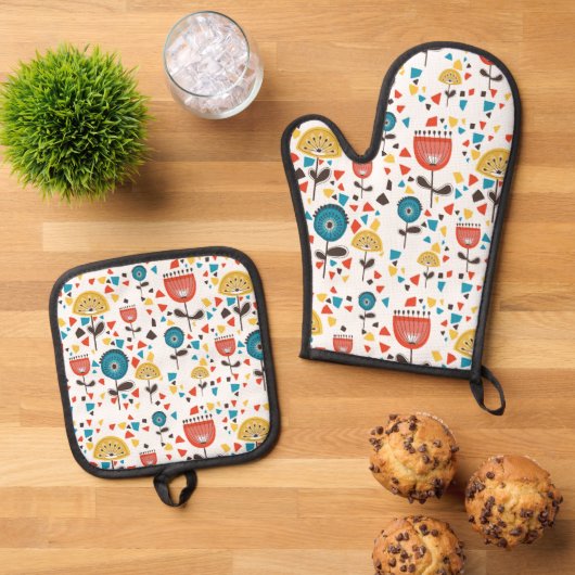 中世紀の花モダンカラフル柄 鍋つかみ&鍋敷きセット (トップダウン)