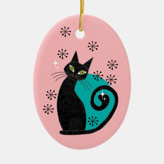 中世紀パーソナライズされた原子猫クリスマス セラミックオーナメント (正面)