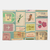 中世紀モダン切手とセニマチケットブルー キッチンタオル (横)