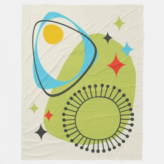 中世紀モダン原子時代14グリーンブルー フリースブランケット (正面)