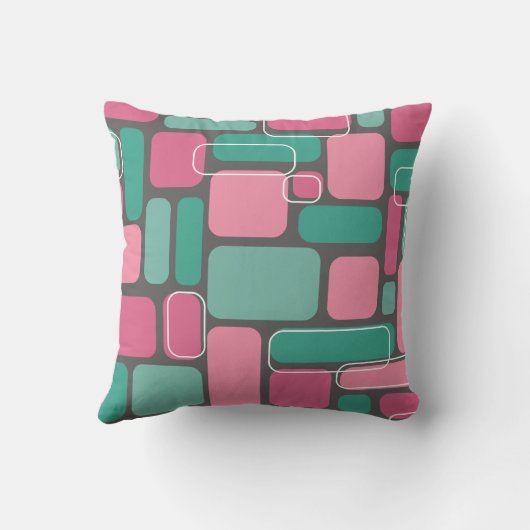 中世紀モダン幾何学模様ピンク/ティール（緑がかった色）/グレー クッション (裏面)