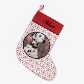 中世紀モダン赤スターバスト模様ペット写真 スモールクリスマスストッキング (正面 (吊り時))