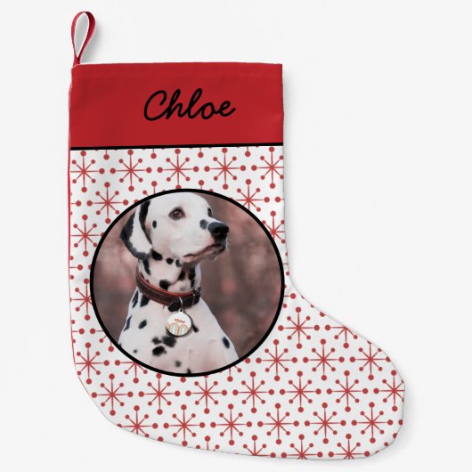 中世紀モダン赤スターバスト模様ペット写真 スモールクリスマスストッキング (正面)