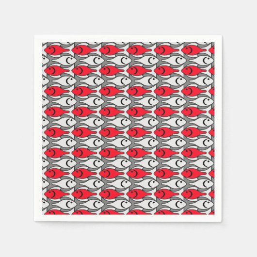 中世紀モダン魚，赤と灰色 スタンダードカクテルナプキン (正面)