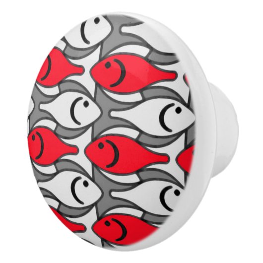 中世紀モダン魚，赤と灰色 セラミックノブ (右)