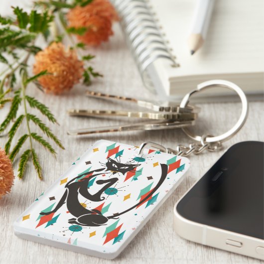 中世紀モダン50年代の黒猫カッコいい キーホルダー (正面右)