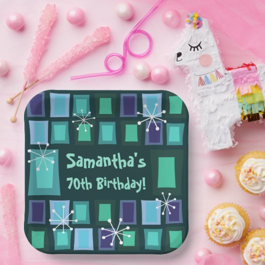 中世紀モダン70世紀誕生日ティール（緑がかった色） ペーパープレート (パーティー)