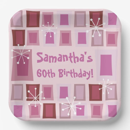 中世紀半モダンば60誕生日ピンク ペーパープレート (正面)