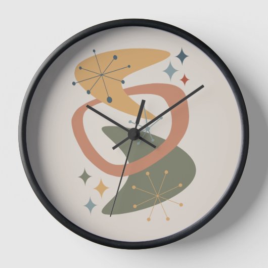 中世紀原子時代7黄色、緑、タン 壁時計 (正面)