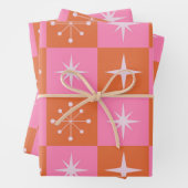 中世紀市松模様にのピンクとオレンジのスターバスト ラッピングペーパーシート (インサイチュ)