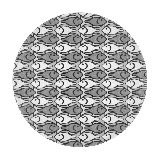 中世紀魚モダン、灰色、白、黒 カッティングボード (正面)
