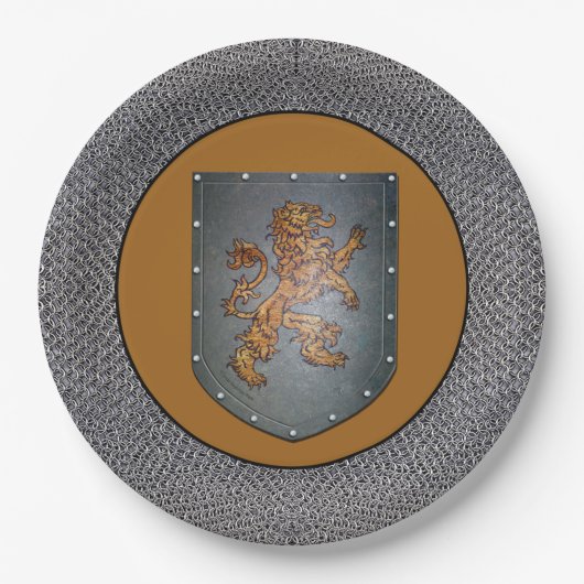 中世金ゴールドのライオンの灰色Chainmail ペーパープレート (正面)