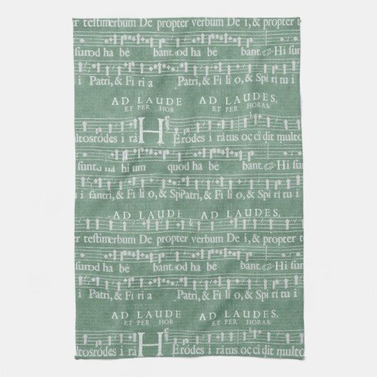 中世音楽原稿ティール(緑がかった色)の緑 キッチンタオル (縦)