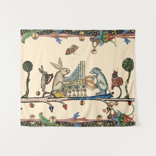中世風変わりの作り音楽、うさぎ、犬 タペストリー (正面(横))