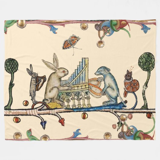 中世風変わりの作り音楽、うさぎ、犬 フリースブランケット (正面(横))