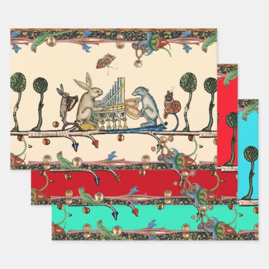 中世風変わりの作り音楽、うさぎ、犬 ラッピングペーパーシート (セット)