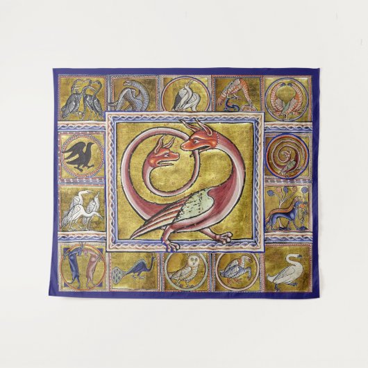 中世風変わりの獣舎、蛇の竜、森林動物 タペストリー (正面(横))