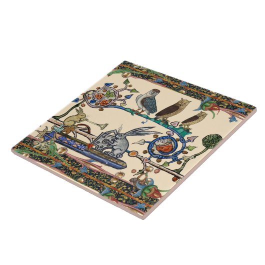 中世風変わりの風刺を生み出すフクロウ、ウサギ タイル (側面)