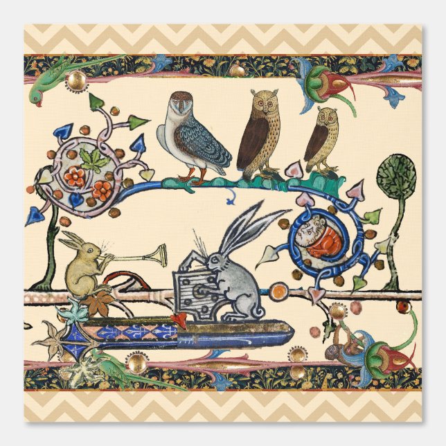 中世風変わりの風刺を生み出すフクロウ、ウサギ 壁紙 (正面)