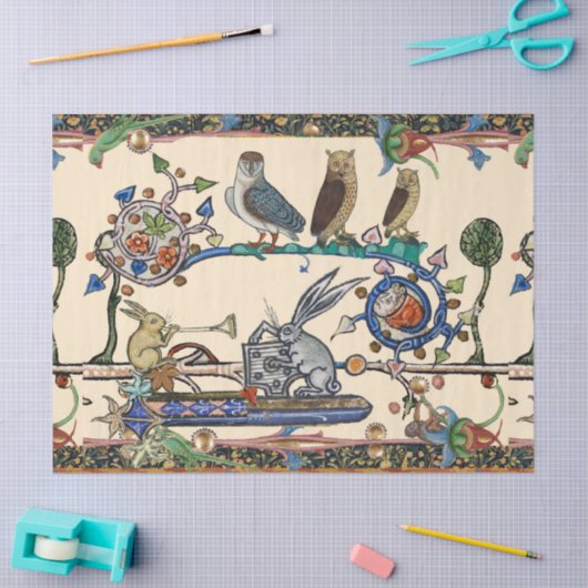 中世風変わりの風刺を生み出すフクロウ、ウサギ 薄葉紙 (クラフト)