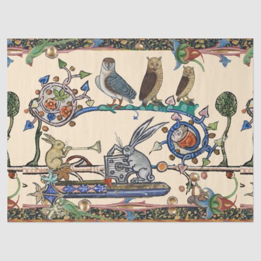 中世風変わりの風刺を生み出すフクロウ、ウサギ 薄葉紙 (正面)