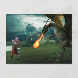 中世騎士と火を吹くドラゴンの戦い ポストカード