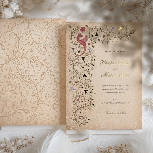 中世 – インスパイア金ゴールドの結婚ヴィンテージ・スクロール 箔招待状