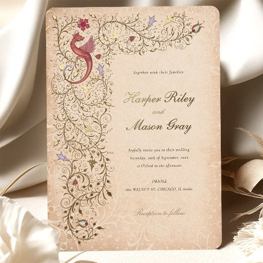 中世 – インスパイア金ゴールドの結婚ヴィンテージ・スクロール 箔招待状