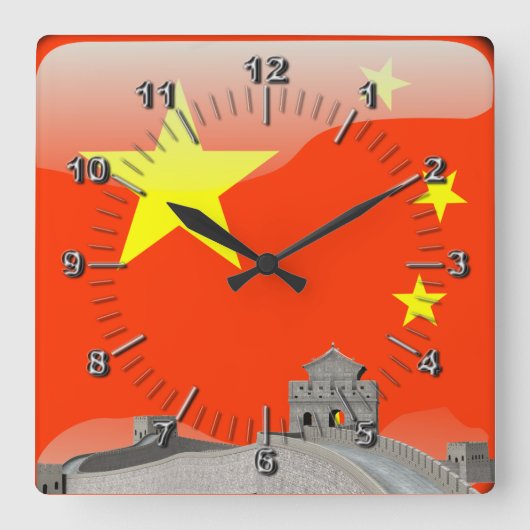 中国のな光沢のある旗 スクエア壁時計 (正面)