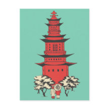 中国のな塔の郵便はがきのヴィンテージのイラストレーション