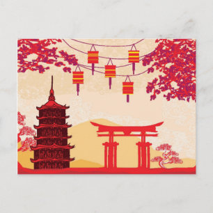 中国のな年賀状-伝統的なランタン シーズンポストカード