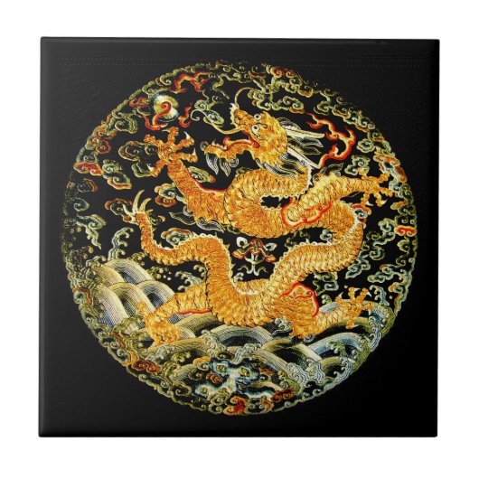 中国のな(占星術の)十二宮図のアンティークによって刺繍される金ドラゴン タイル (正面)