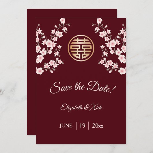 中国のの結婚ほこりっぽいピンクのマルーンさくらんぼ セーブザデート (正面/裏面)