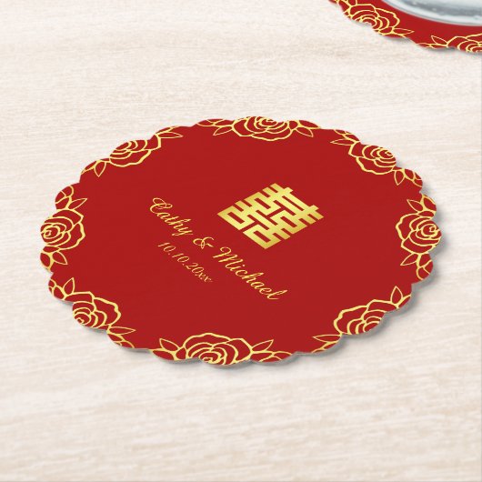 中国のの結婚フローラバラは赤と金ゴールド ペーパーコースター (アングル)
