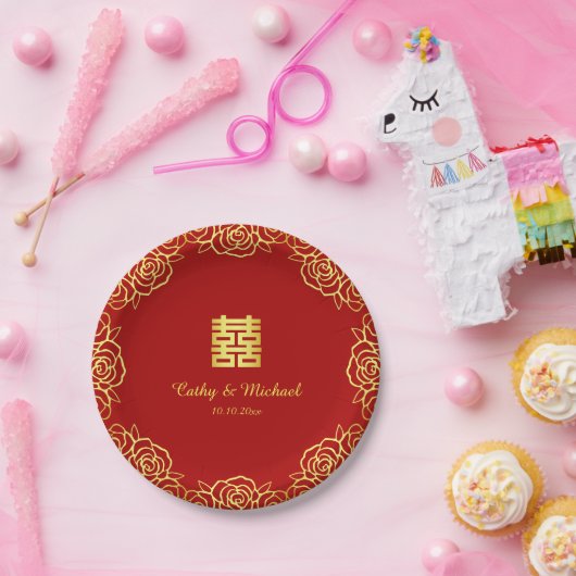 中国のの結婚フローラバラは赤と金ゴールド ペーパープレート (パーティー)