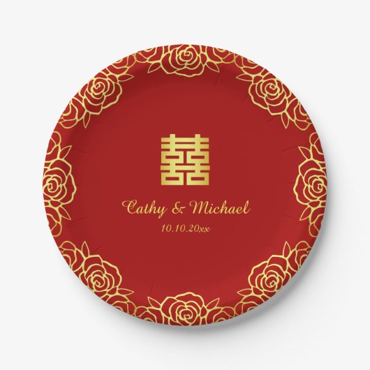 中国のの結婚フローラバラは赤と金ゴールド ペーパープレート (正面)