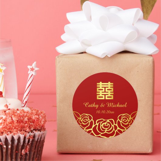 中国のの結婚フローラバラは赤と金ゴールド ラウンドシール (パーティー)