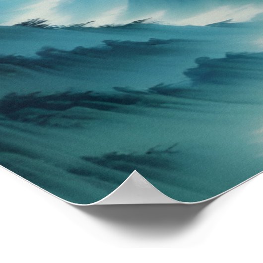 中国のの絵を描ティール（緑がかった色）ブルーミスティランドスケープ ポスター (角)