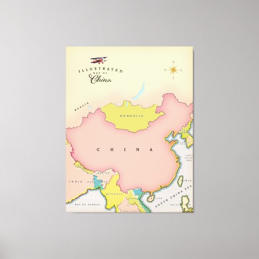 中国のイラスト地図 キャンバスプリント (正面)
