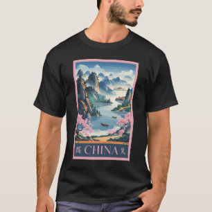 中国のイラスト ピンクの旅の芸術 ビンテージ Tシャツ