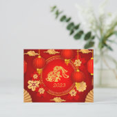 中国のウサギの新年オーナメントフローラ赤 シーズンポストカード (スタンド正面)