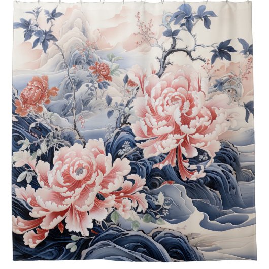 中国のスタイルの絵画牡丹のピンクとブルー シャワーカーテン (正面)